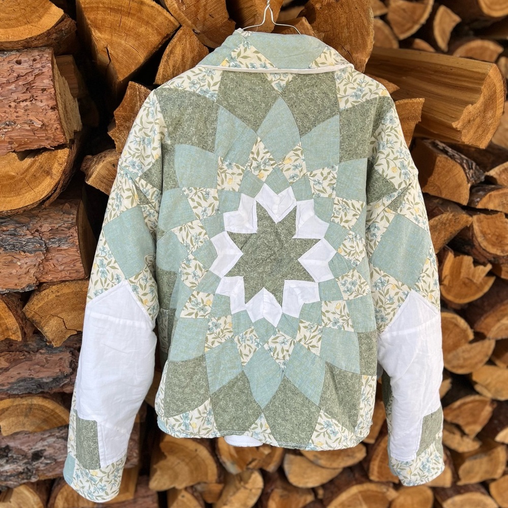 Green and White Bomber Jacket with Patchwork Design